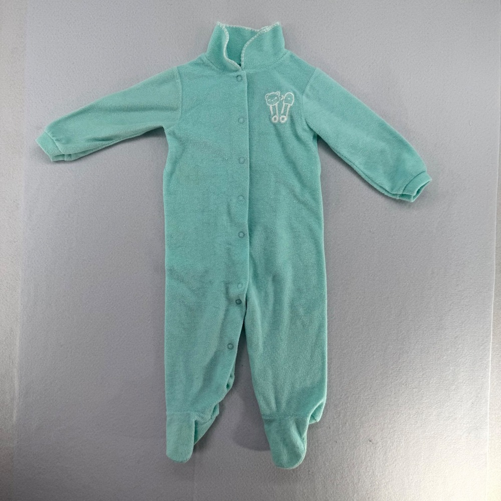 Vintage Carters Baby Footed‎ Sleeper Aqua Blue Terry Fleece Bear Size Large USA